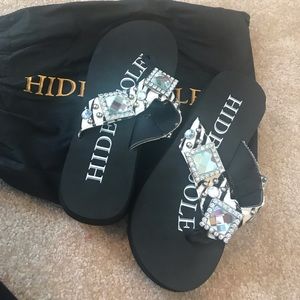 Hide n Sould black and rhinestone flip flops